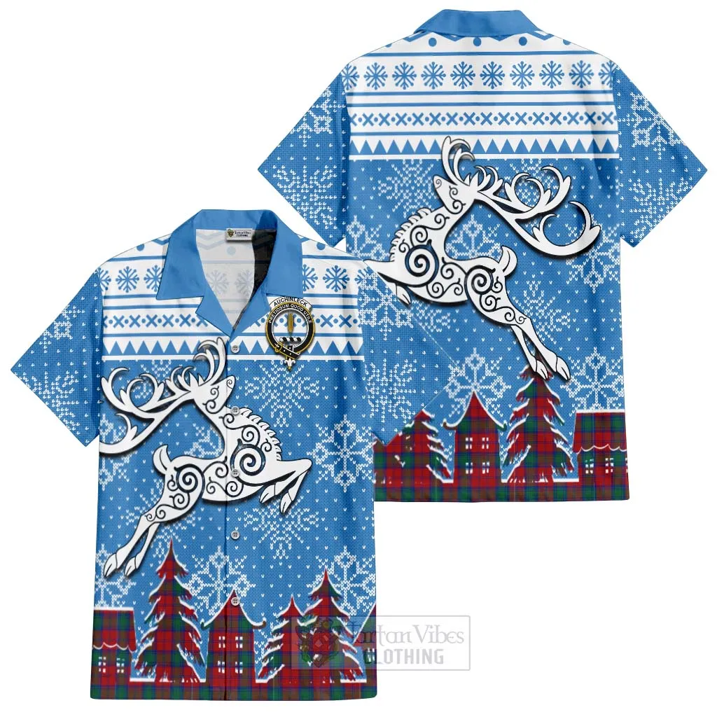 Auchinleck (Affleck) Clan Christmas Short Sleeve Button Shirt Celtic Reindeer Style