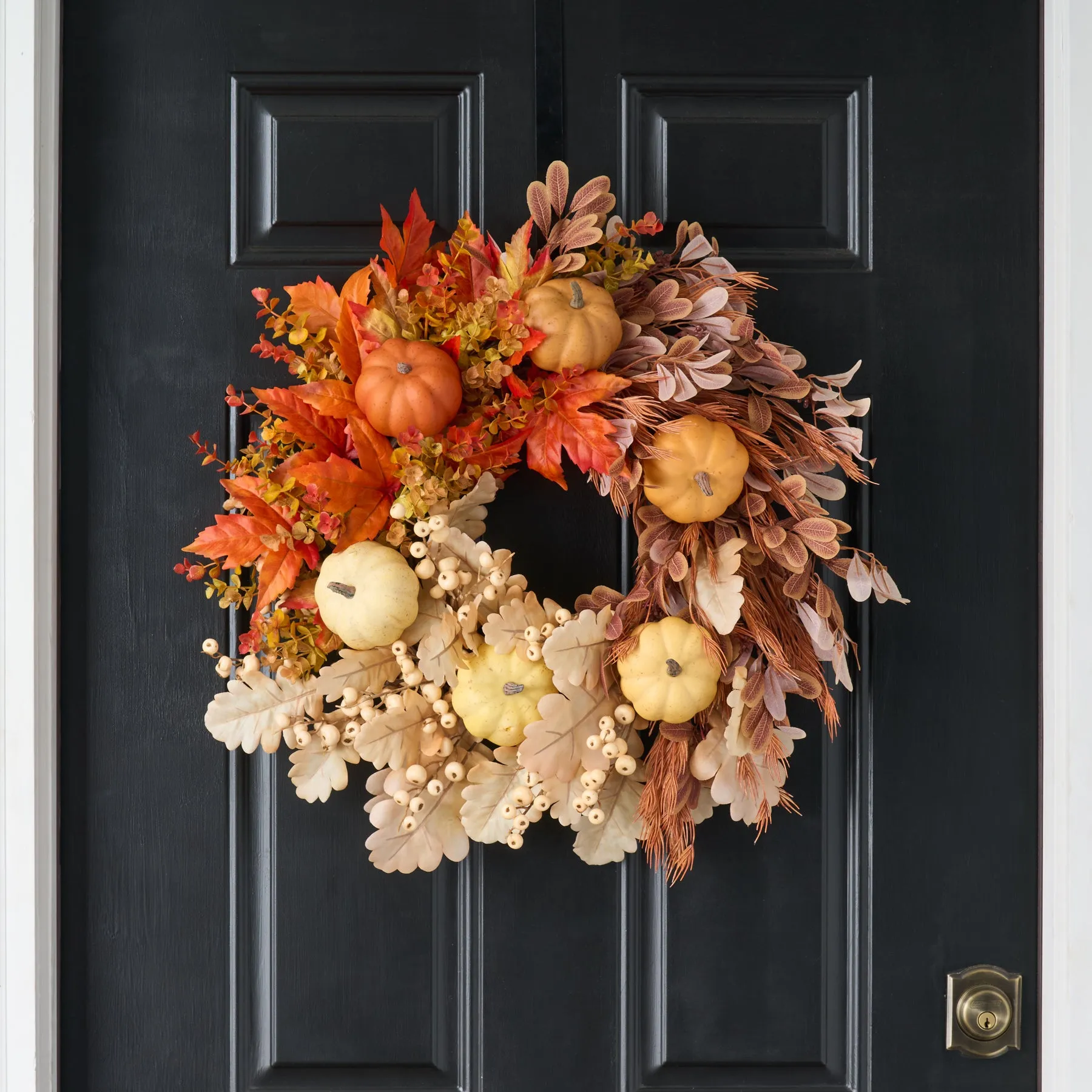 Autumn Shades of Pumpkin, Berry & Fall Leaf Foliage Front Door Wreath