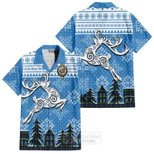 Baillie (Bailey) Clan Christmas Short Sleeve Button Shirt Celtic Reindeer Style