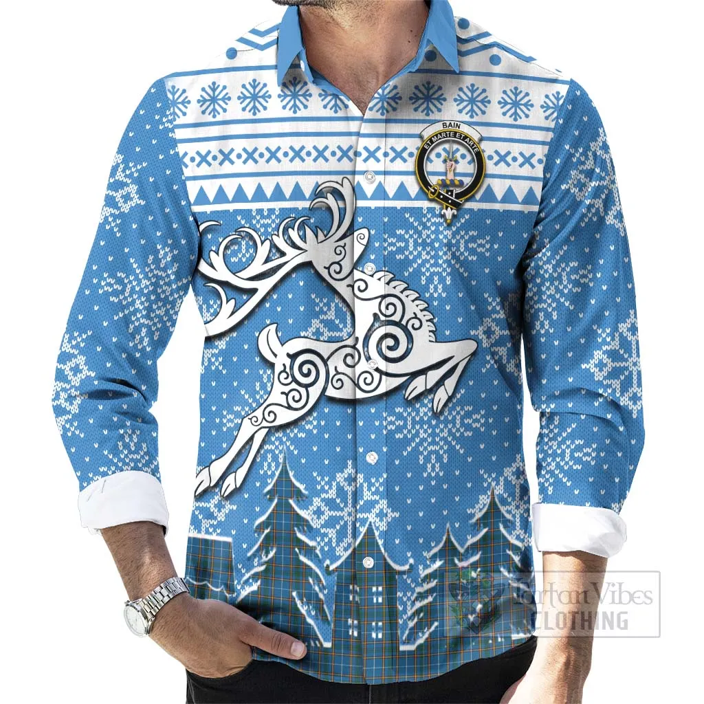 Bain Clan Christmas Long Sleeve Button Shirt Celtic Reindeer Style