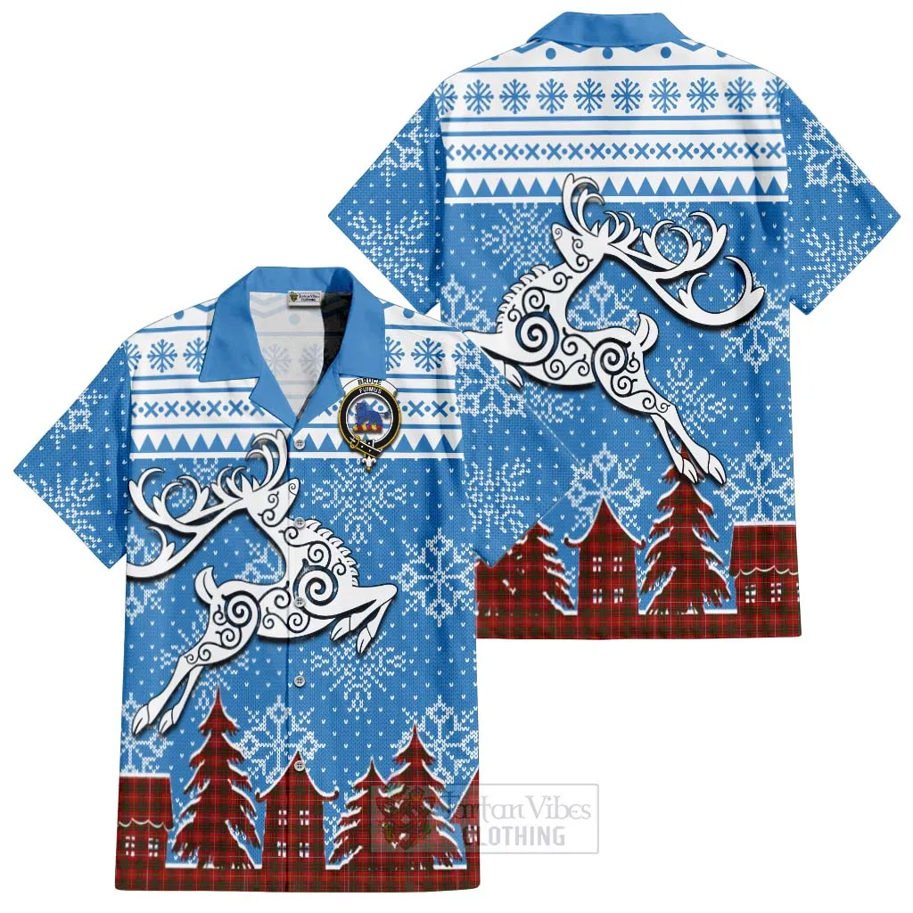 Bruce Clan Christmas Short Sleeve Button Shirt Celtic Reindeer Style