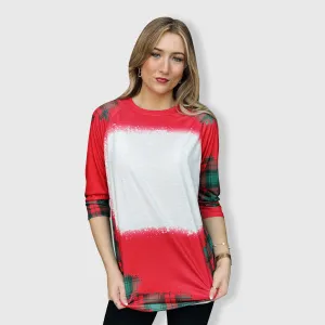 Buffalo Plaid Red Green Raglan Blank Faux Bleached Top (Red)