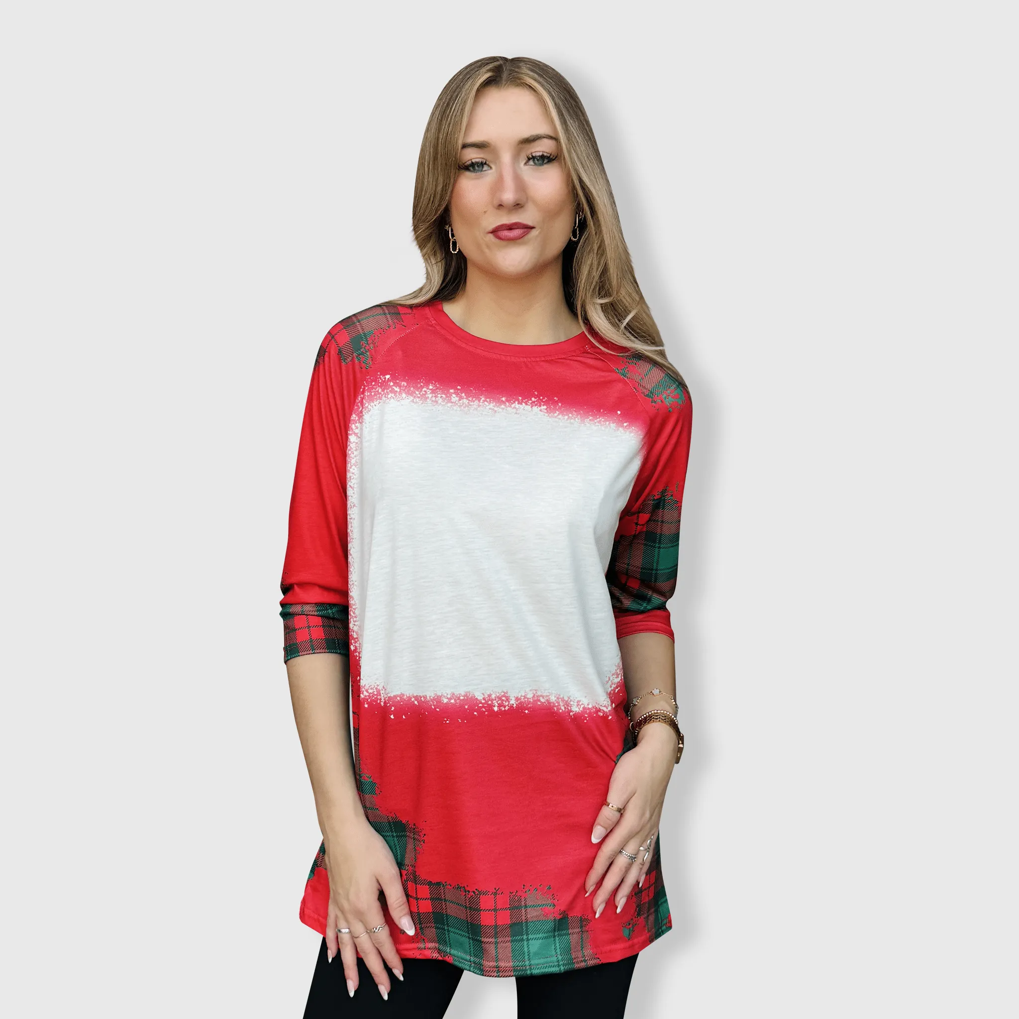 Buffalo Plaid Red Green Raglan Blank Faux Bleached Top (Red)