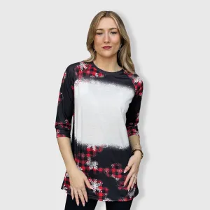 Buffalo Plaid Snowflakes Raglan Blank Faux Bleached Top