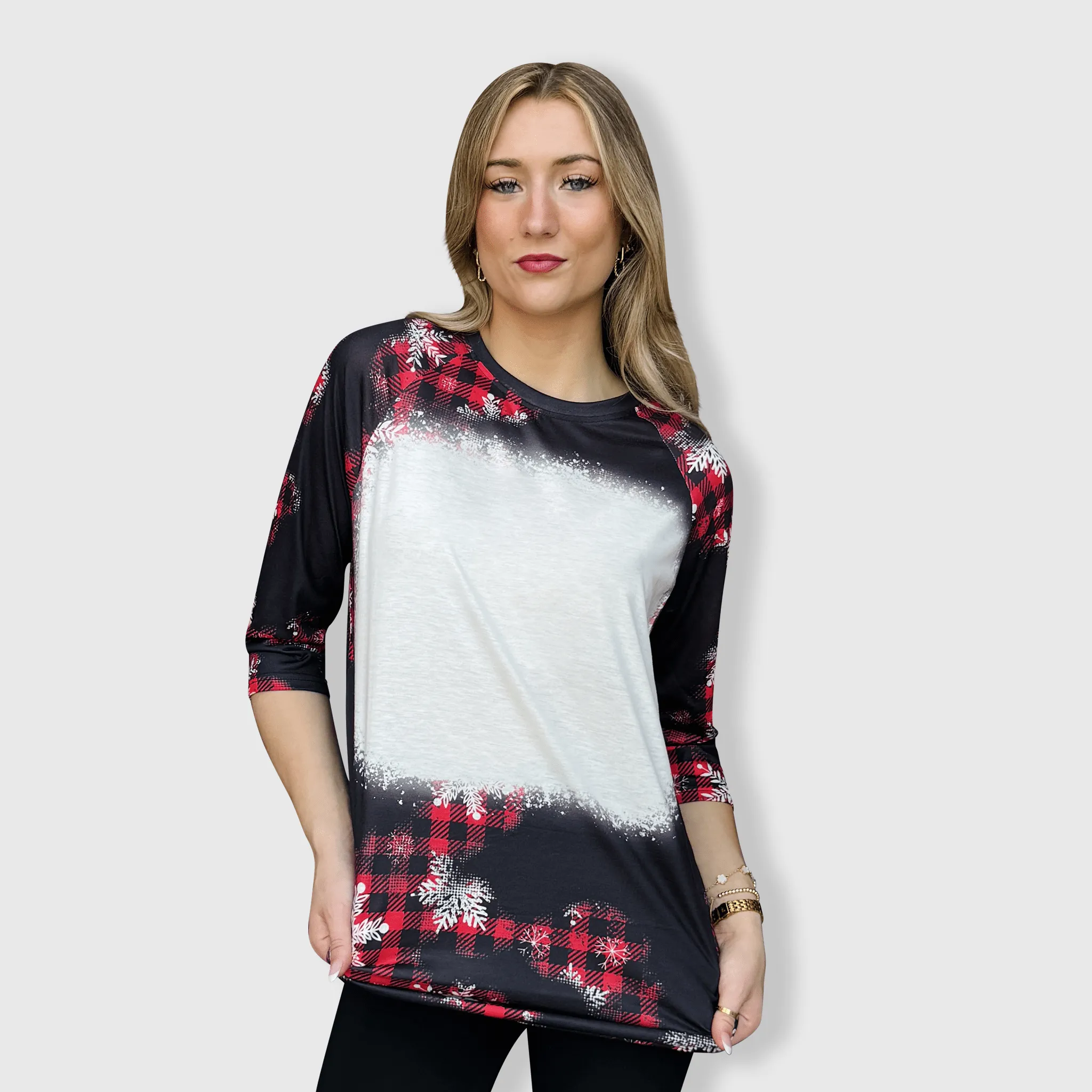 Buffalo Plaid Snowflakes Raglan Blank Faux Bleached Top