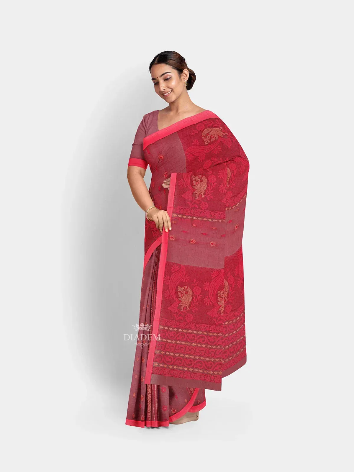 Burgundy Semi Tussar Silk Saree with Floral Prints on the body and Thread Border