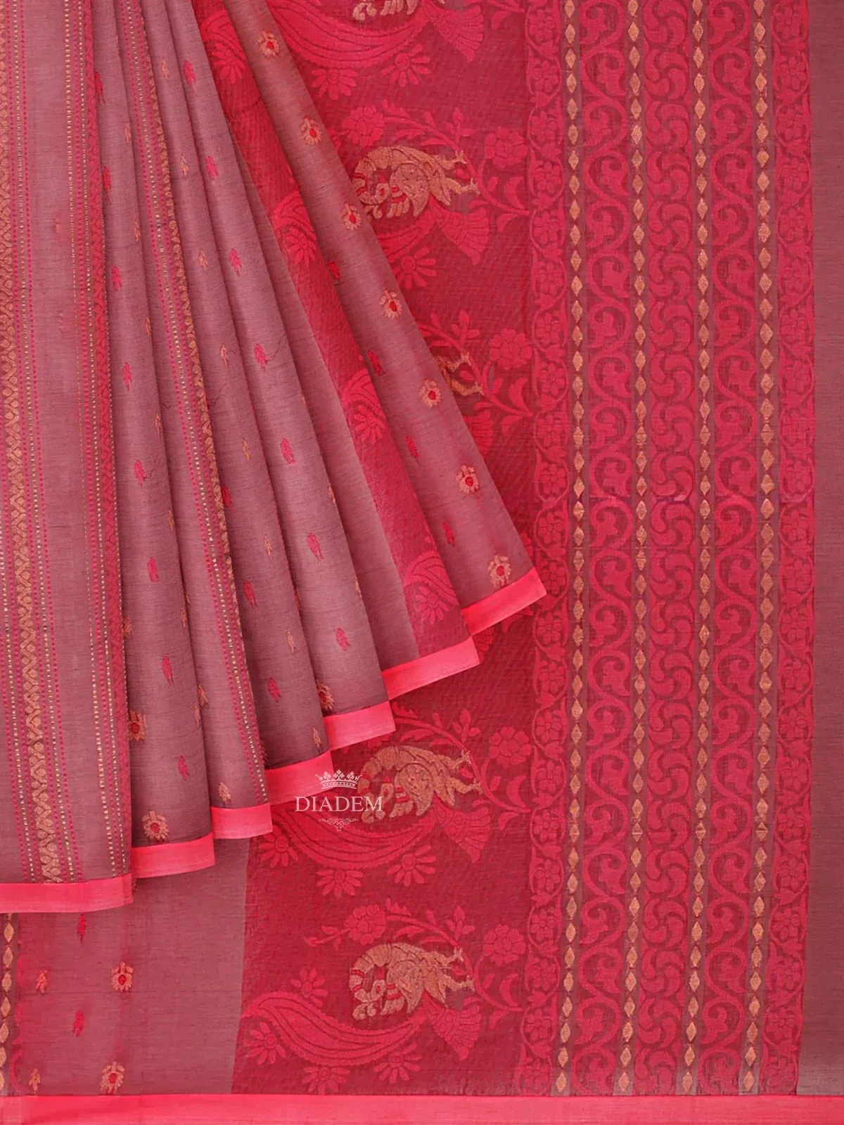 Burgundy Semi Tussar Silk Saree with Floral Prints on the body and Thread Border