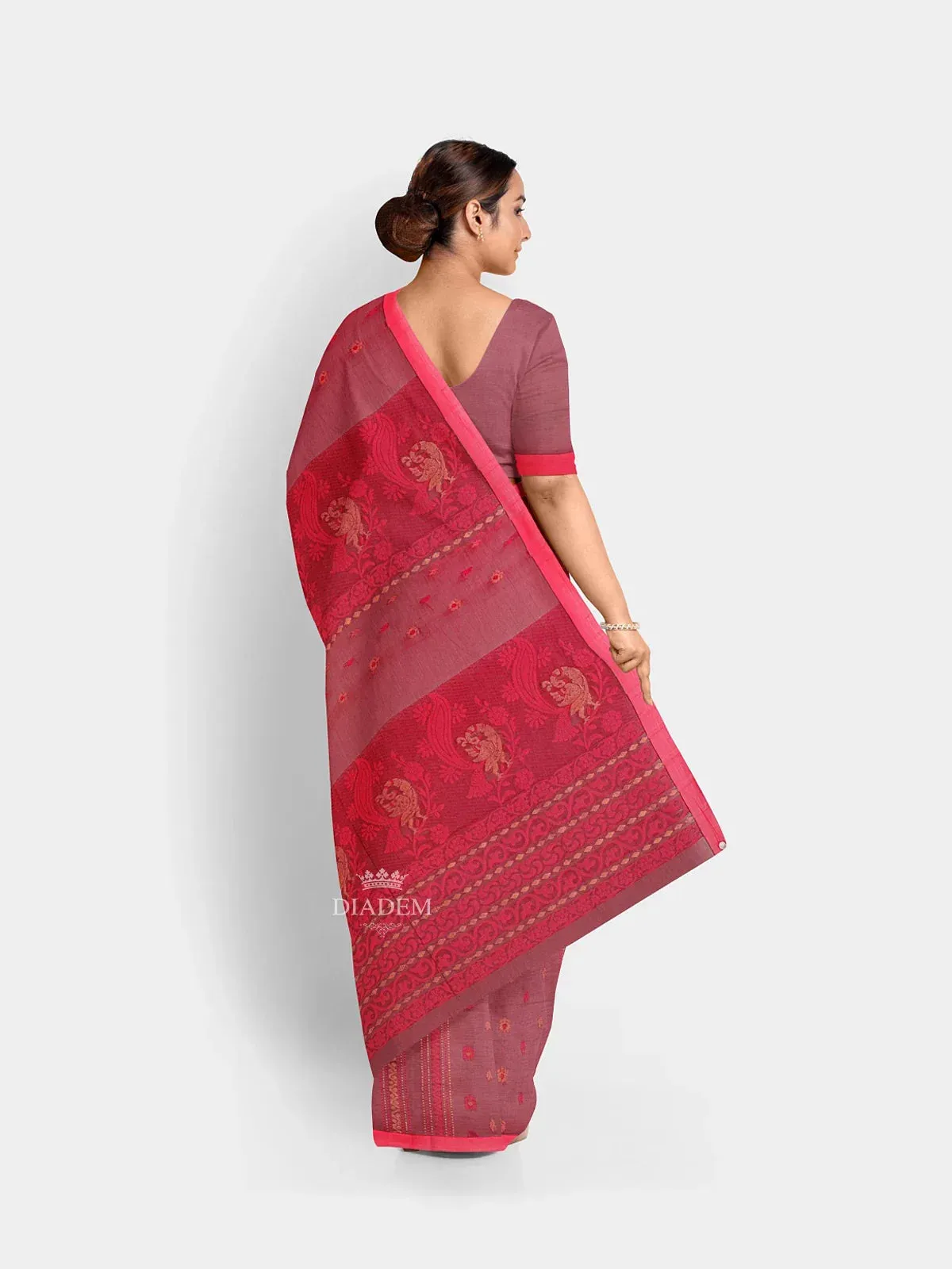 Burgundy Semi Tussar Silk Saree with Floral Prints on the body and Thread Border