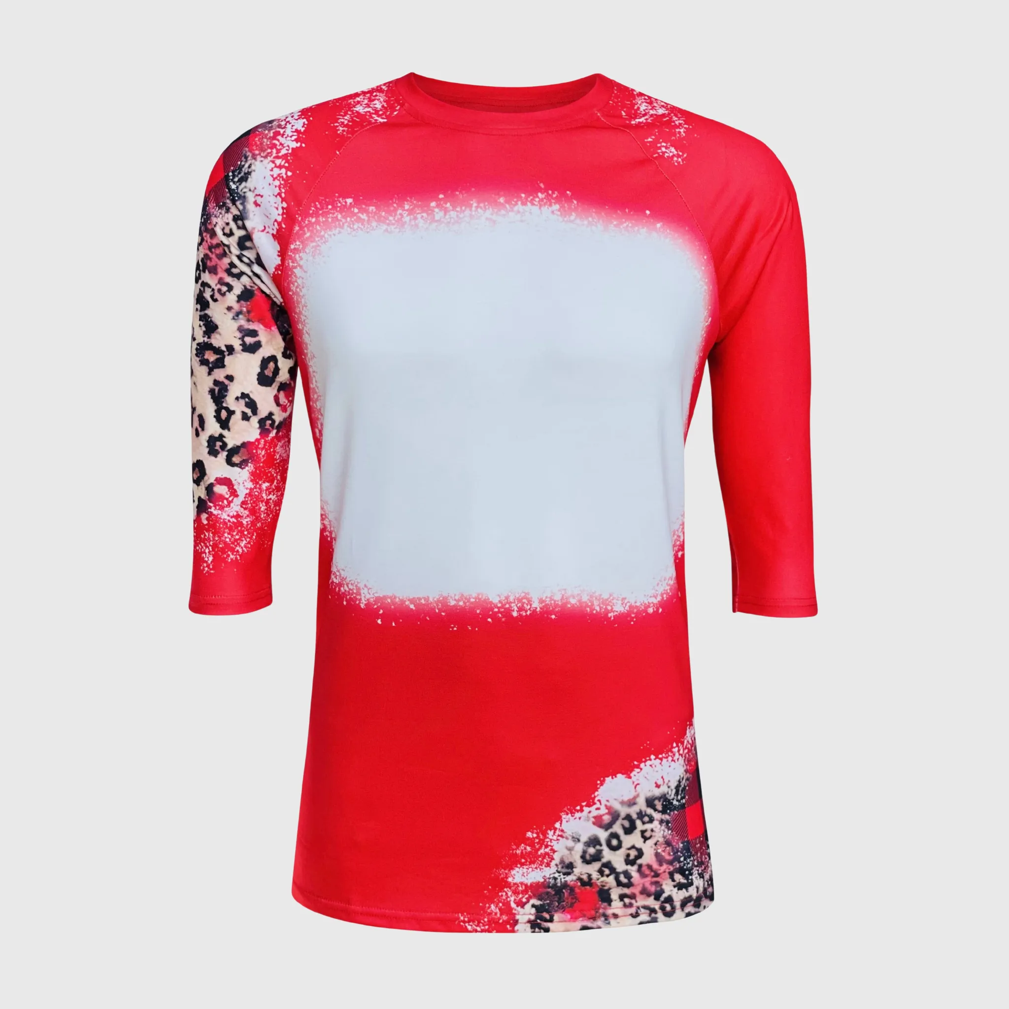 Christmas Red Plaid Cheetah Raglan Blank Faux Bleached Top