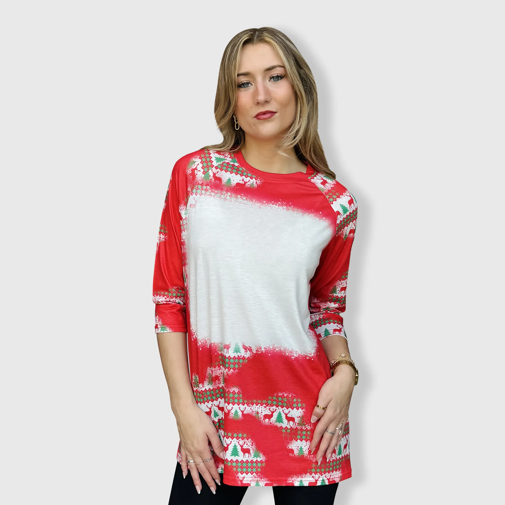 Christmas Red Reindeer Trees Raglan Blank Faux Bleached Top