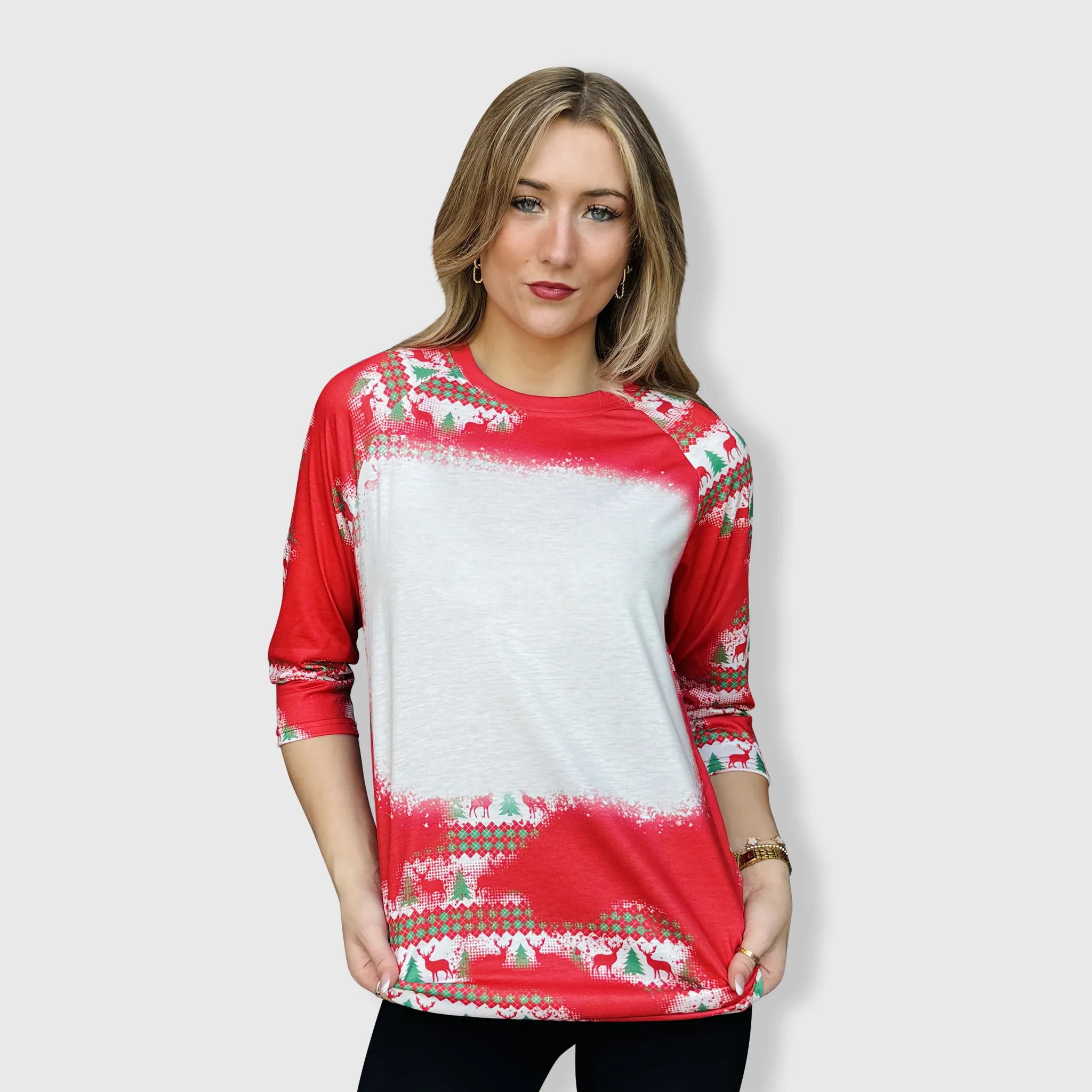 Christmas Red Reindeer Trees Raglan Blank Faux Bleached Top