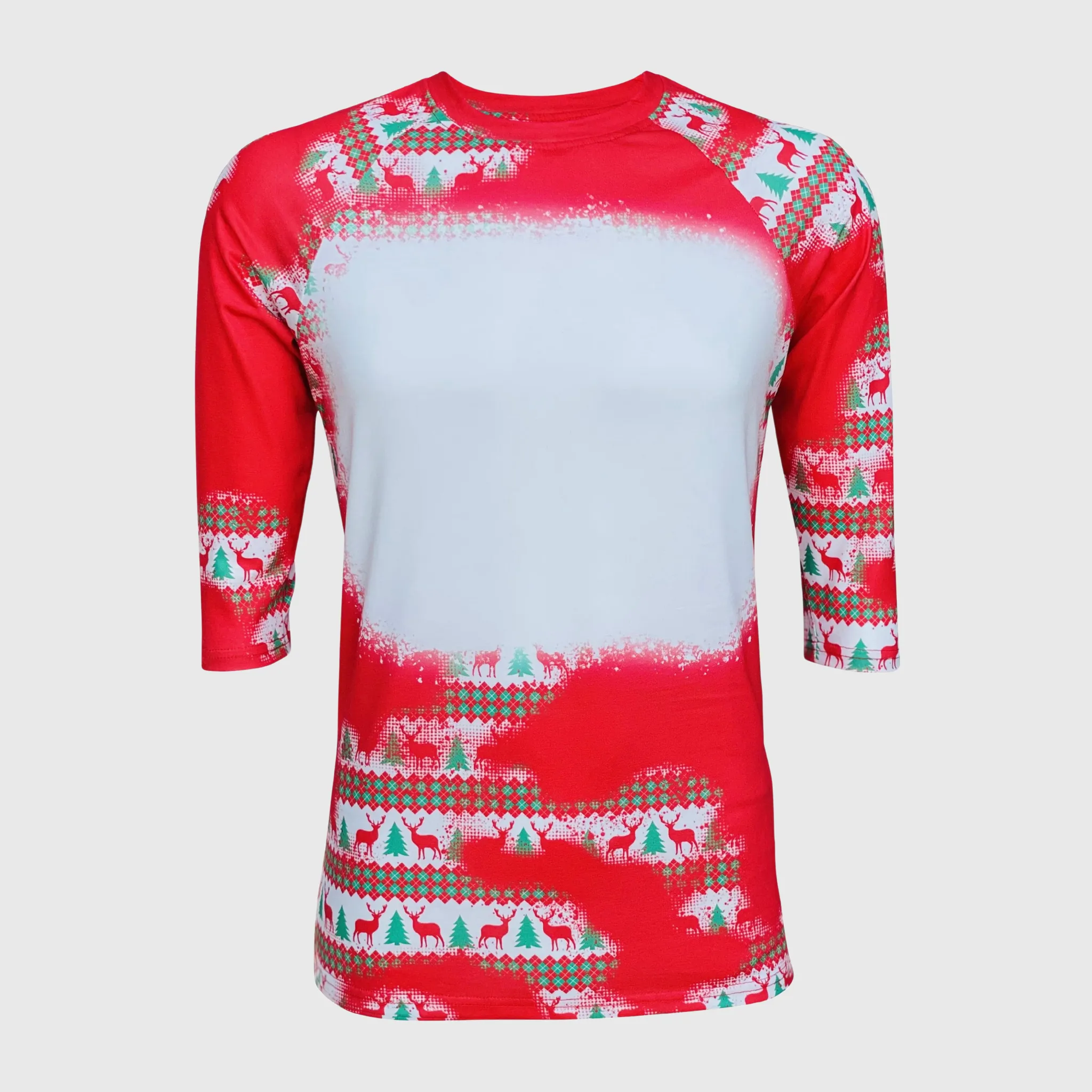 Christmas Red Reindeer Trees Raglan Blank Faux Bleached Top