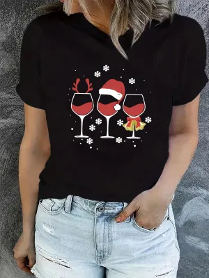 Christmas Red Wine Print Tee Festive Womens Casual Top