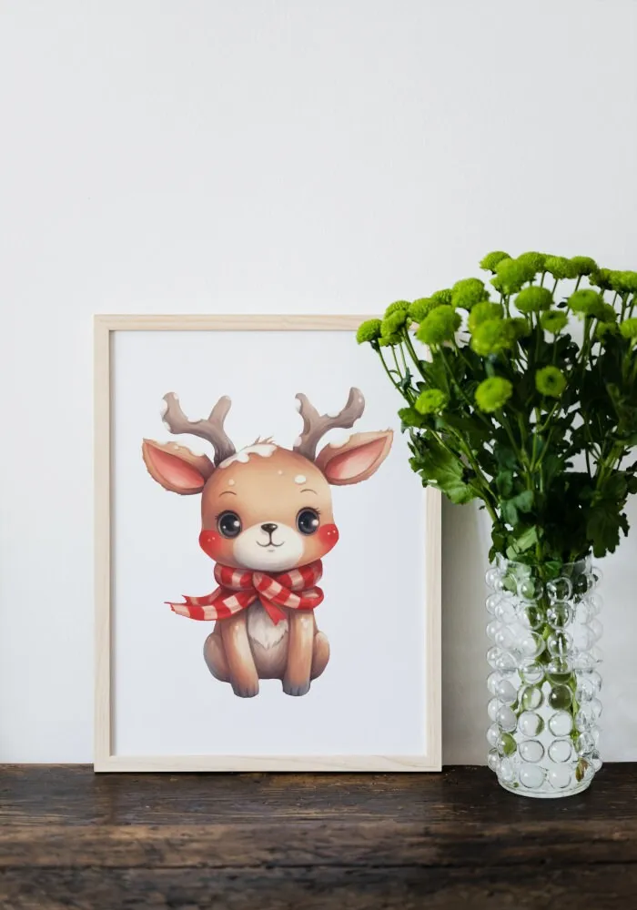 Christmas Reindeer Print INSTANT DOWNLOAD Art Prints, Red Aesthetic, Winter Illustration Prints, Watercolor Reindeer Decoration, Winter Onederland