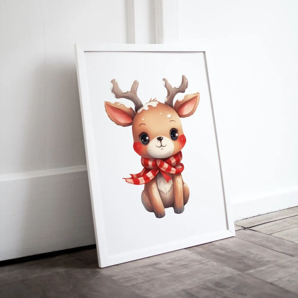 Christmas Reindeer Print INSTANT DOWNLOAD Art Prints, Red Aesthetic, Winter Illustration Prints, Watercolor Reindeer Decoration, Winter Onederland