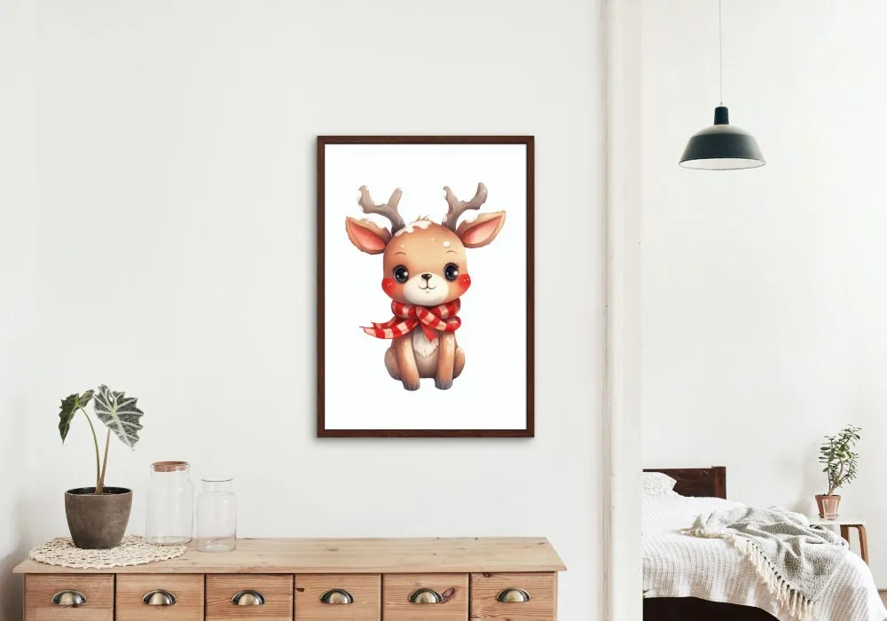 Christmas Reindeer Print INSTANT DOWNLOAD Art Prints, Red Aesthetic, Winter Illustration Prints, Watercolor Reindeer Decoration, Winter Onederland