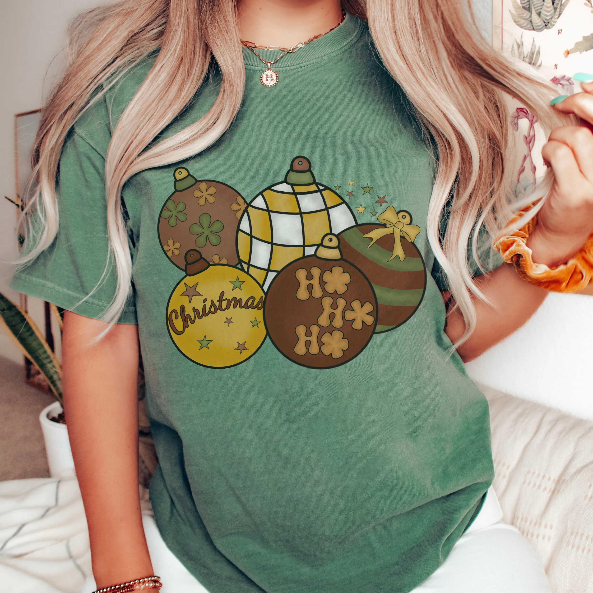 Comfort Colors® Retro Christmas Tree Ornaments Garment-Dyed T-shirt, Women's Christmas T-Shirt Grey, Green, Mustard, Pepper or White Tee