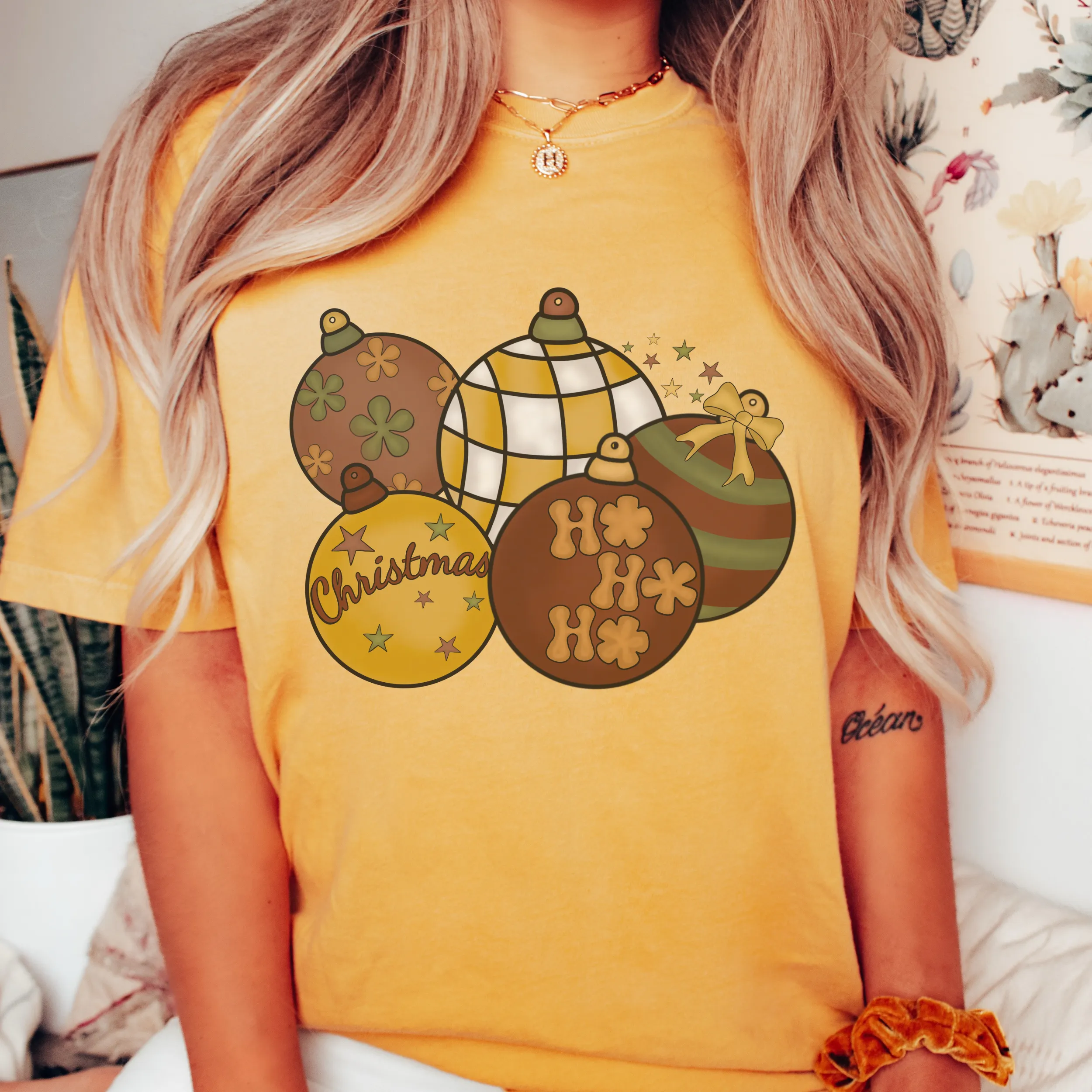 Comfort Colors® Retro Christmas Tree Ornaments Garment-Dyed T-shirt, Women's Christmas T-Shirt Grey, Green, Mustard, Pepper or White Tee