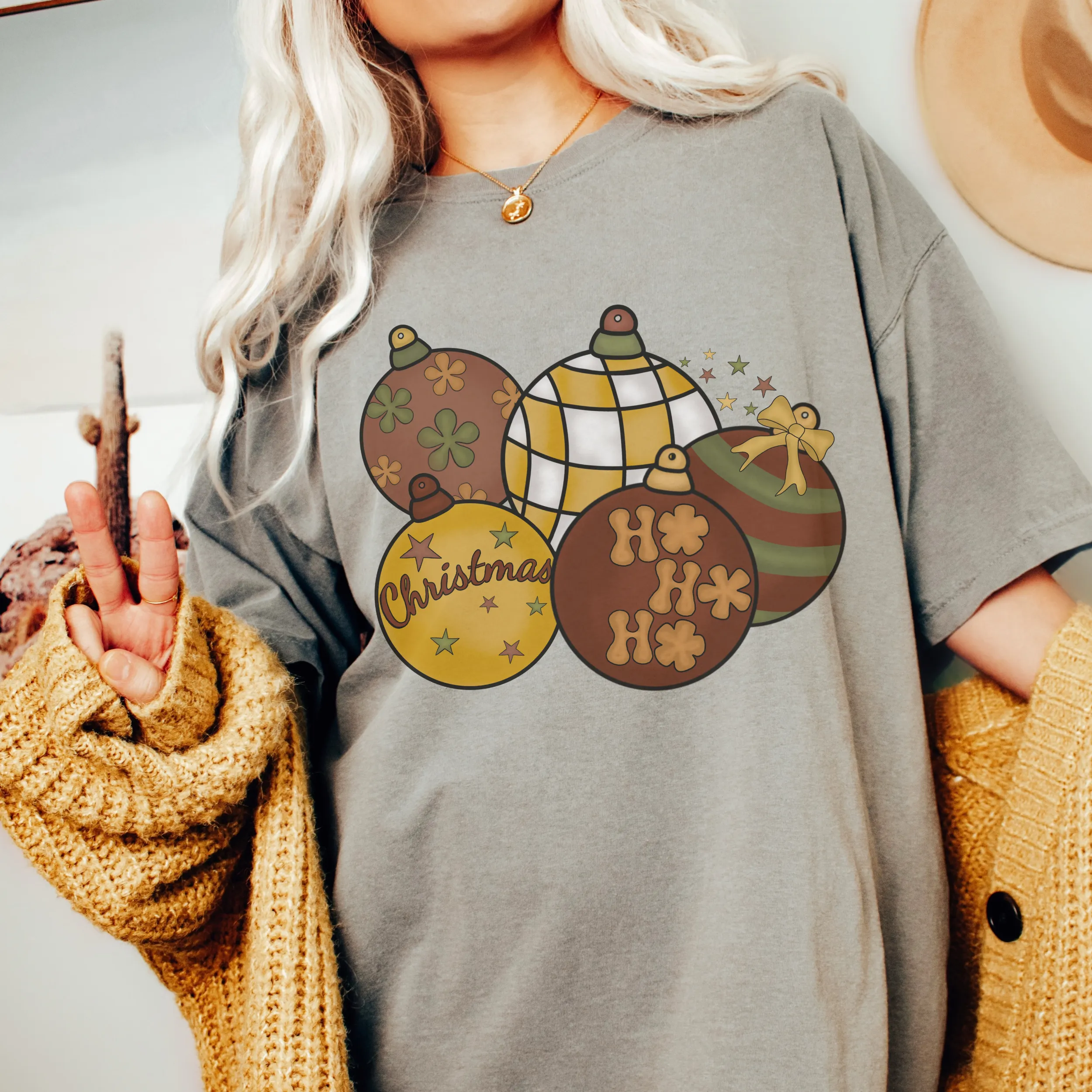 Comfort Colors® Retro Christmas Tree Ornaments Garment-Dyed T-shirt, Women's Christmas T-Shirt Grey, Green, Mustard, Pepper or White Tee