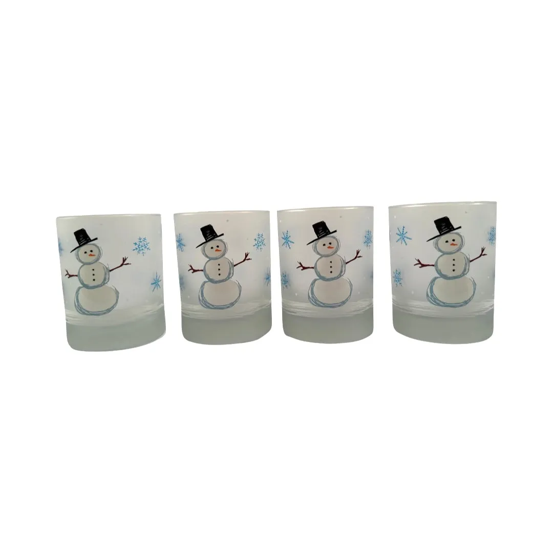 Culver Signed Mid-Century Holiday Snowman Double Old Fashion Glasses (Set of 4)