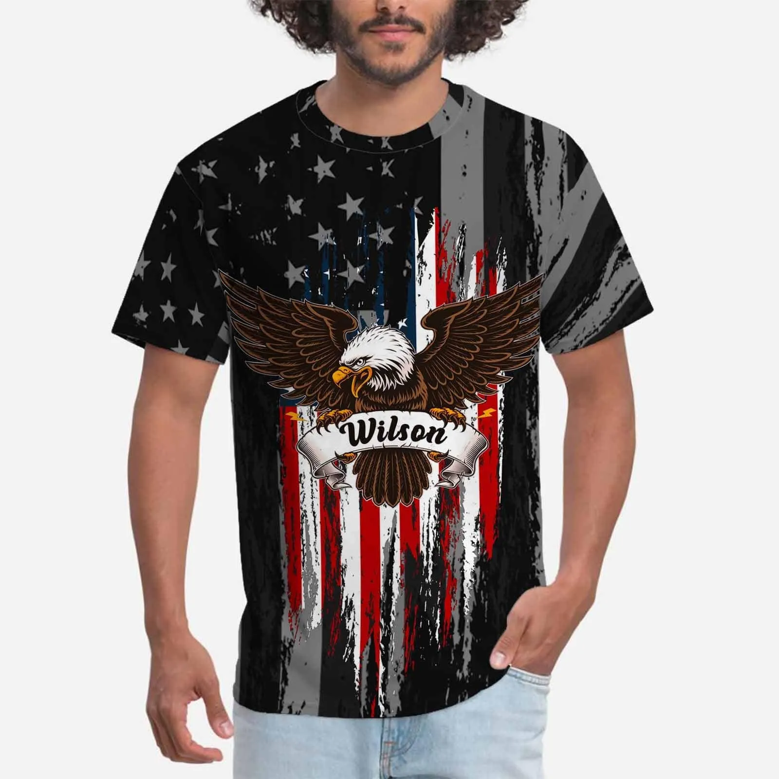 Custom Name Tee American Eagle Men's All Over Print T-shirt Flag Shirts with Personalized Pictures