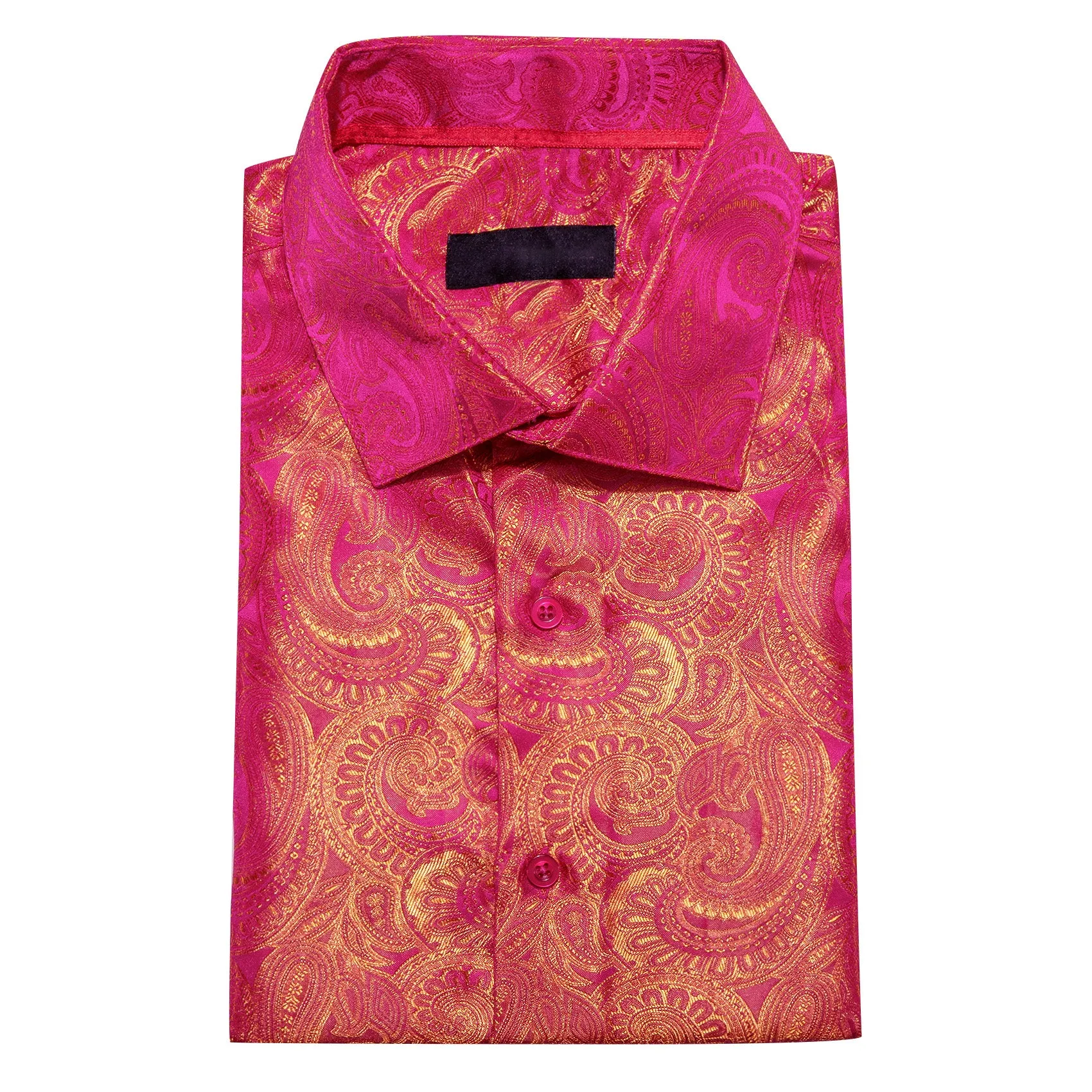 DeepPink Golden Paisley Silk Men's Long Sleeve Shirt