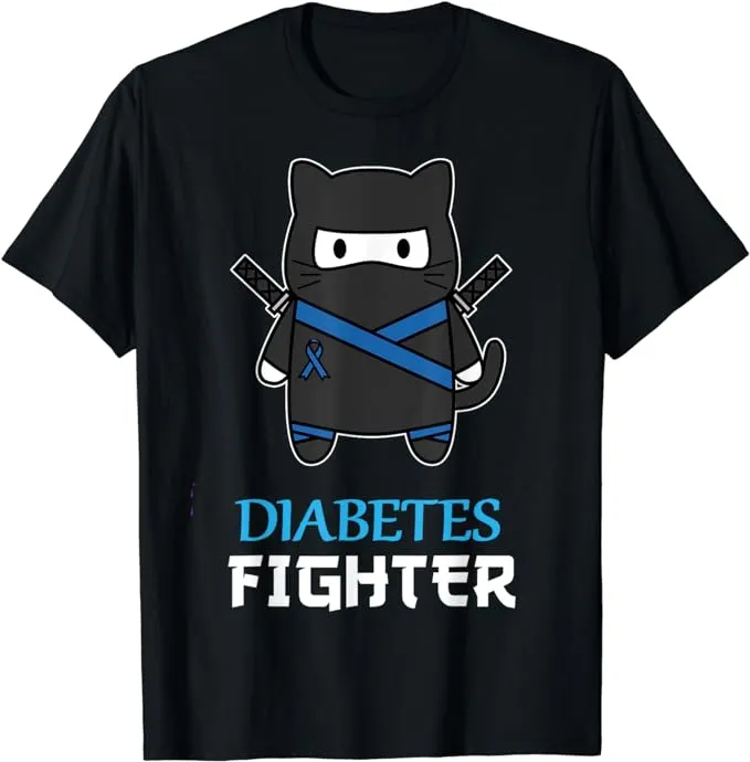 Diabetes Fighter Cat Ninja T-Shirt | Type 1 Diabetes Awareness | Rainbow & Blue Band Tee