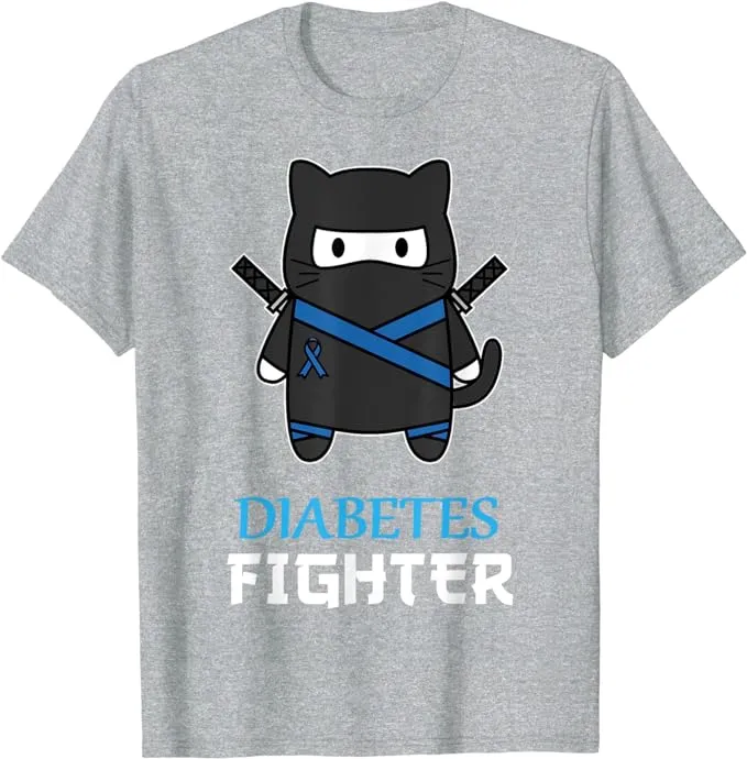 Diabetes Fighter Cat Ninja T-Shirt | Type 1 Diabetes Awareness | Rainbow & Blue Band Tee