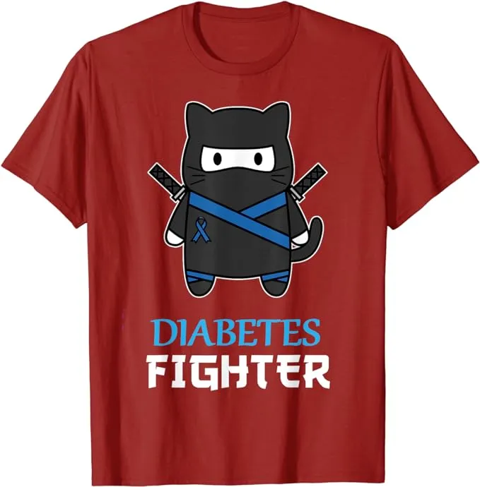 Diabetes Fighter Cat Ninja T-Shirt | Type 1 Diabetes Awareness | Rainbow & Blue Band Tee