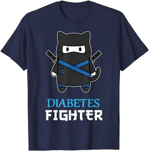 Diabetes Fighter Cat Ninja T-Shirt | Type 1 Diabetes Awareness | Rainbow & Blue Band Tee