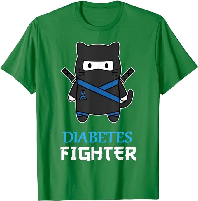 Diabetes Fighter Cat Ninja T-Shirt | Type 1 Diabetes Awareness | Rainbow & Blue Band Tee