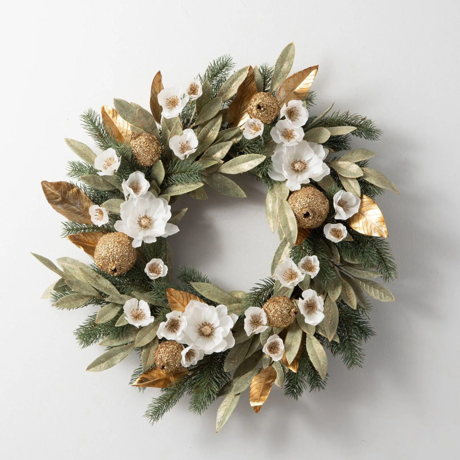 Elegant Green Metallic Bay Leaf with Sequined Pomegranates, White Hellebores & Anemones Front Door Holiday Christmas Wreath