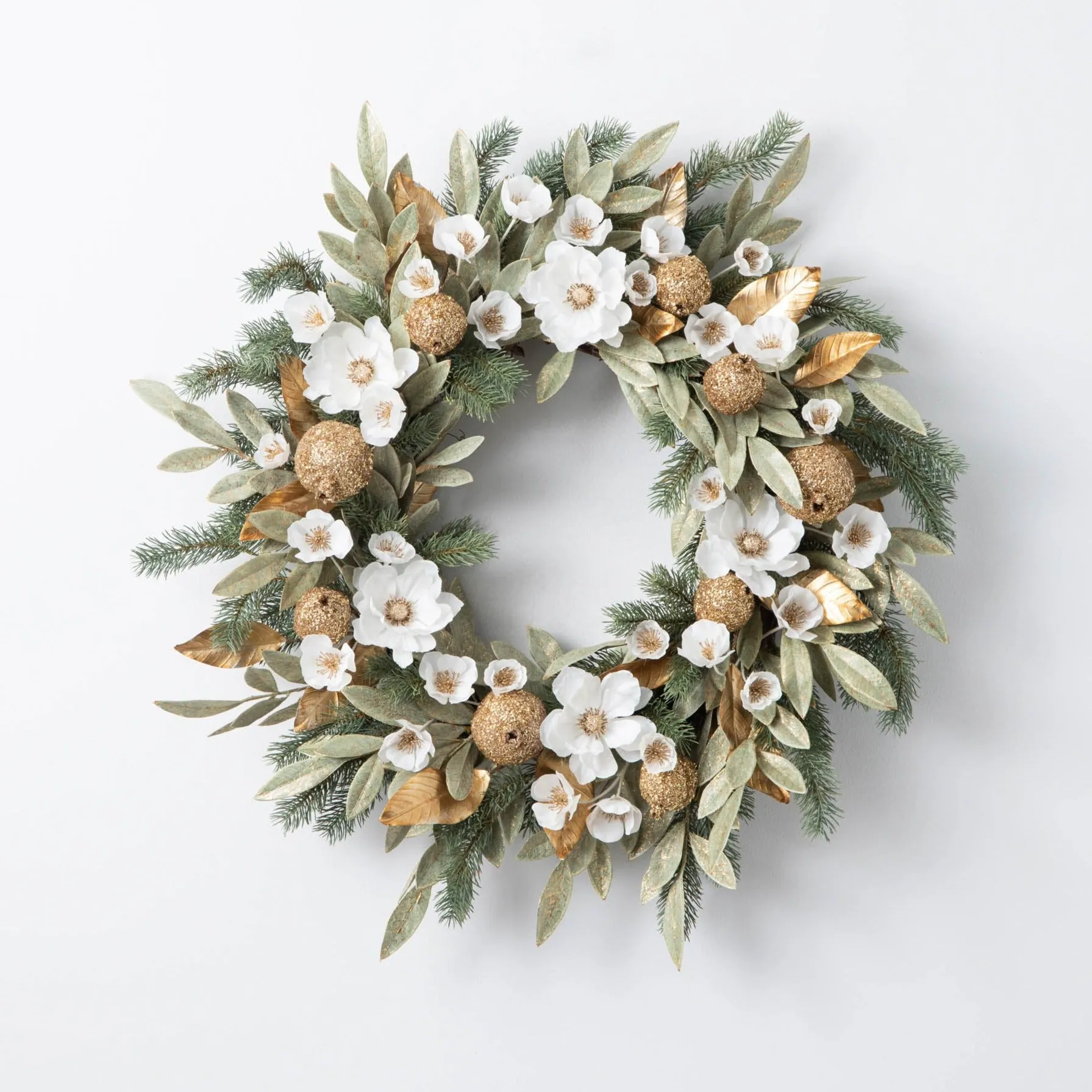 Elegant Green Metallic Bay Leaf with Sequined Pomegranates, White Hellebores & Anemones Front Door Holiday Christmas Wreath