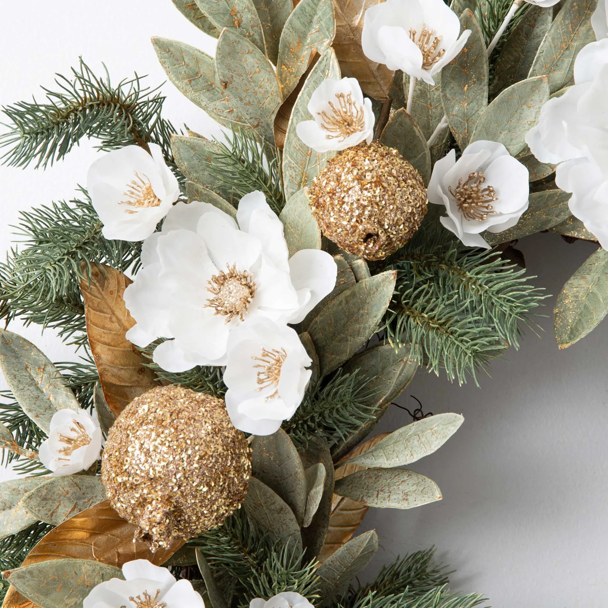 Elegant Green Metallic Bay Leaf with Sequined Pomegranates, White Hellebores & Anemones Front Door Holiday Christmas Wreath