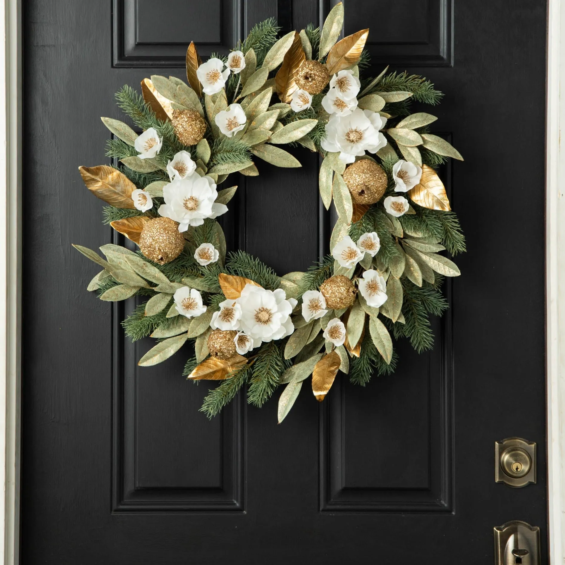 Elegant Green Metallic Bay Leaf with Sequined Pomegranates, White Hellebores & Anemones Front Door Holiday Christmas Wreath