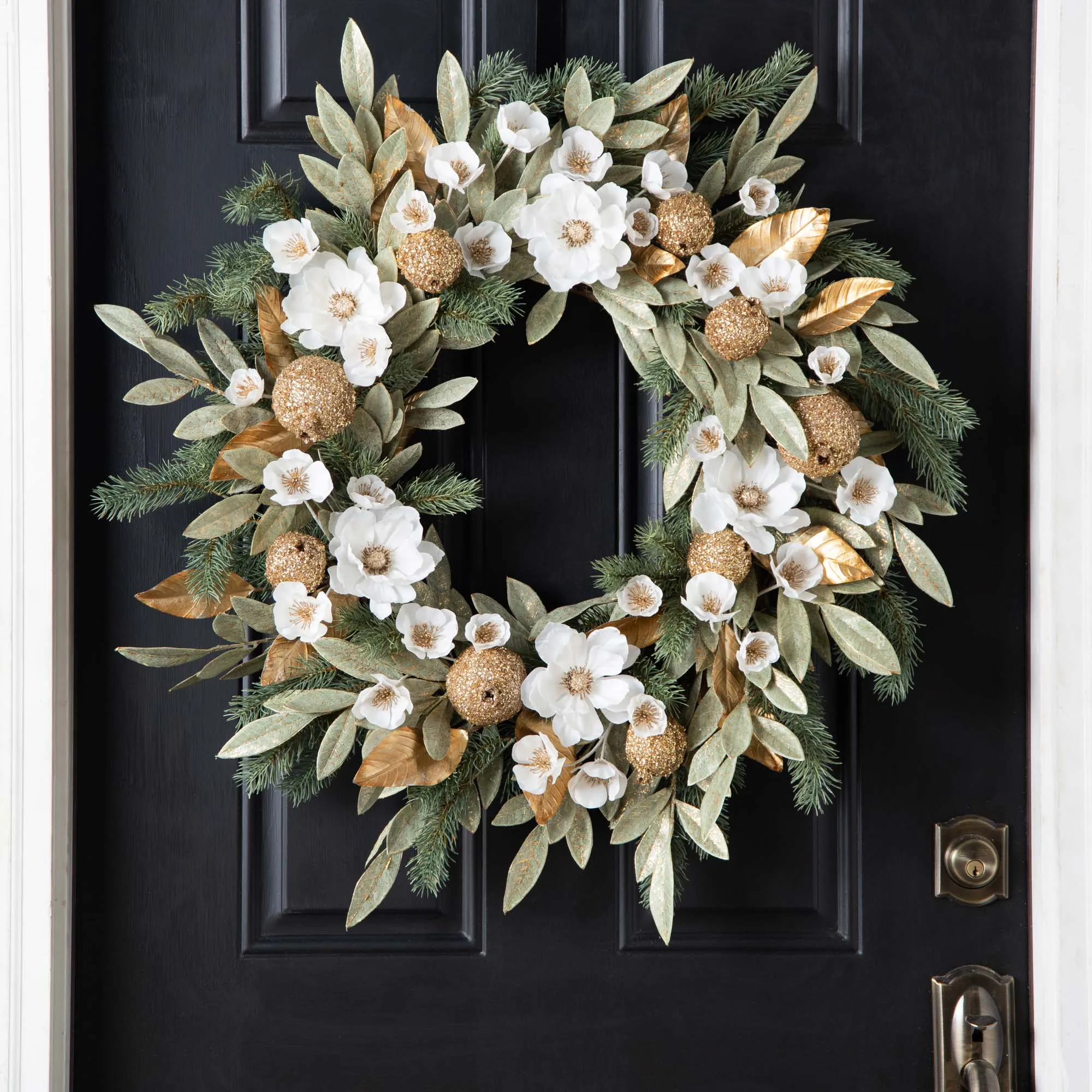 Elegant Green Metallic Bay Leaf with Sequined Pomegranates, White Hellebores & Anemones Front Door Holiday Christmas Wreath