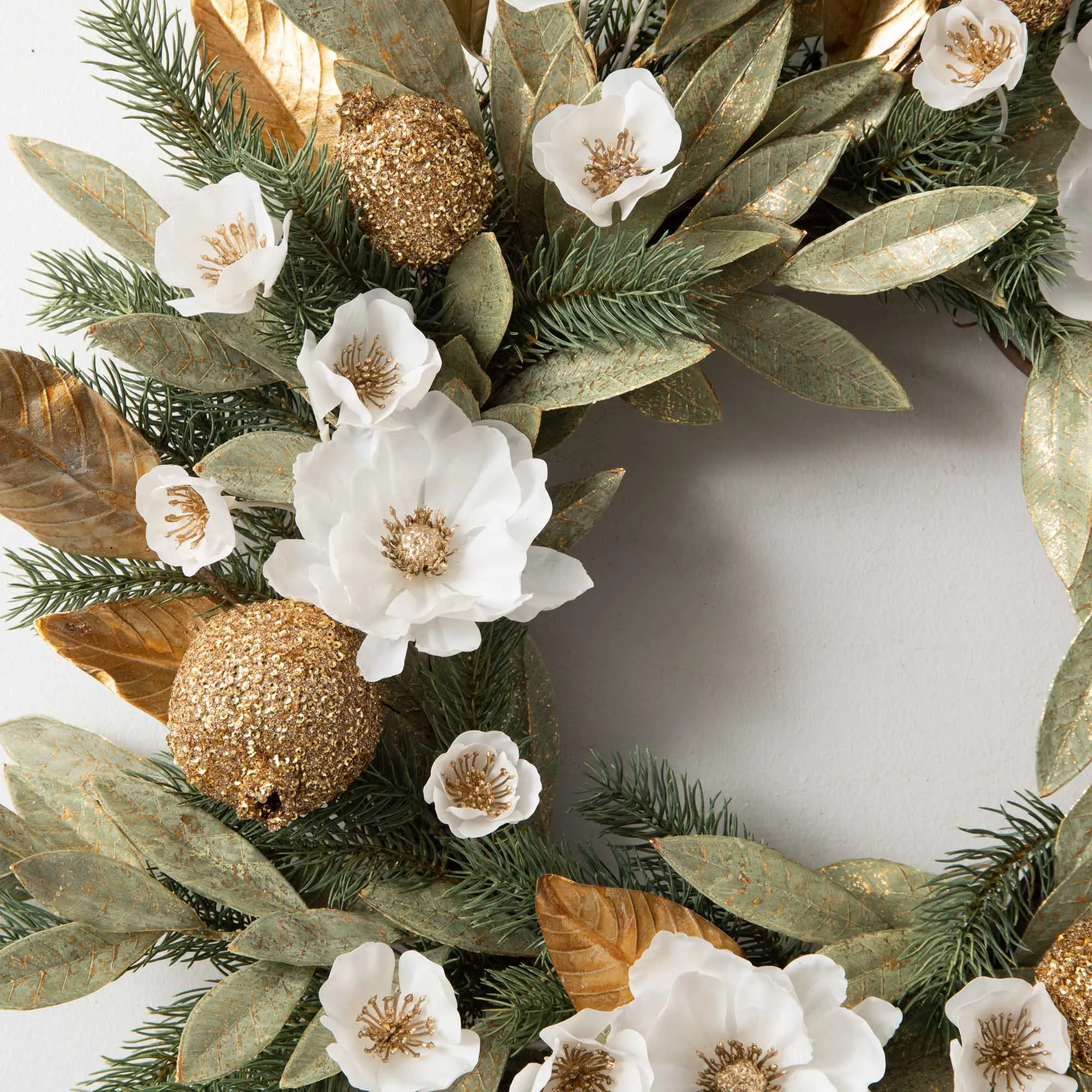 Elegant Green Metallic Bay Leaf with Sequined Pomegranates, White Hellebores & Anemones Front Door Holiday Christmas Wreath