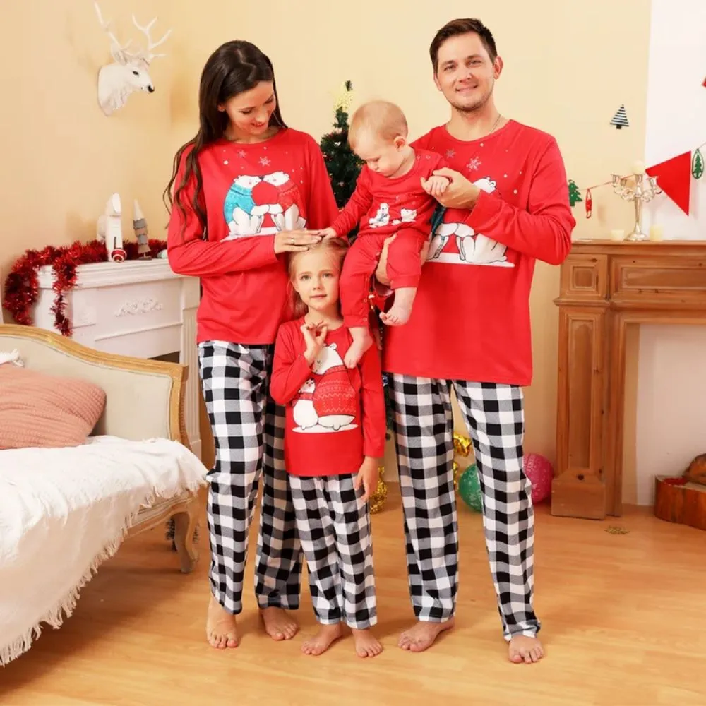 Family Matching Bear Print Plaids Pajamas Sets