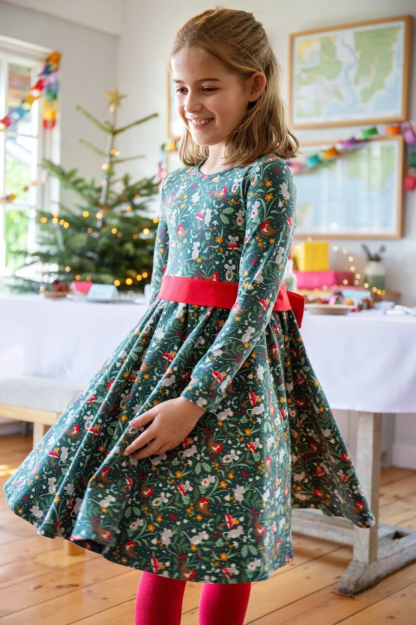 Frugi Party Skater Dress Fir Tree Festive Friends