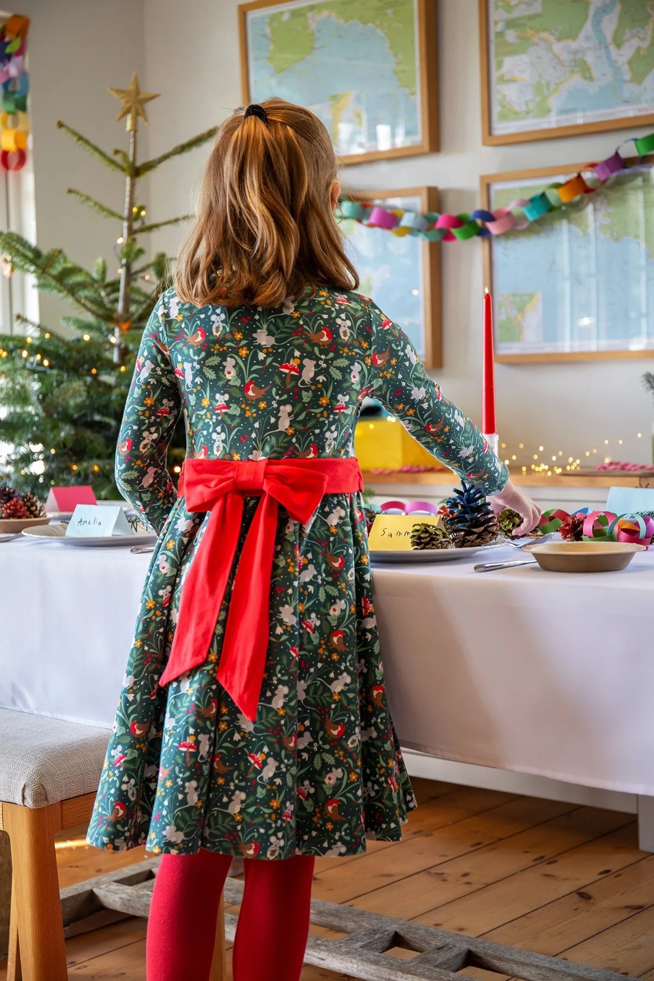 Frugi Party Skater Dress Fir Tree Festive Friends