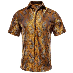 Golden with Blue Paisley Silk Men's Short Sleeve Shirt