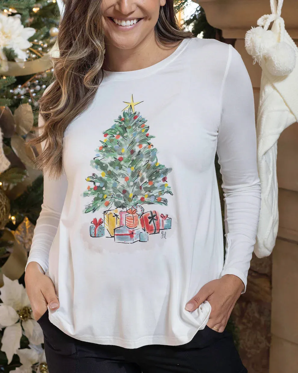 Grace & Lace Long Sleeve Perfect Graphic Tee - Watercolor Christmas Tree