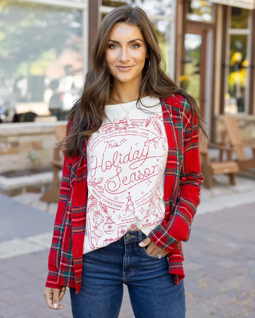 Grace & Lace Long Sleeve Slub Graphic Tee - Holiday Greeting Card