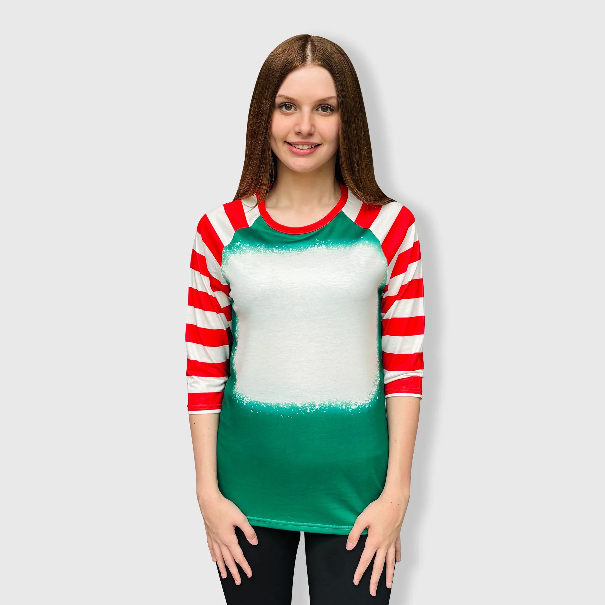 Green Red Candy Cane Raglan Blank Faux Bleached Top