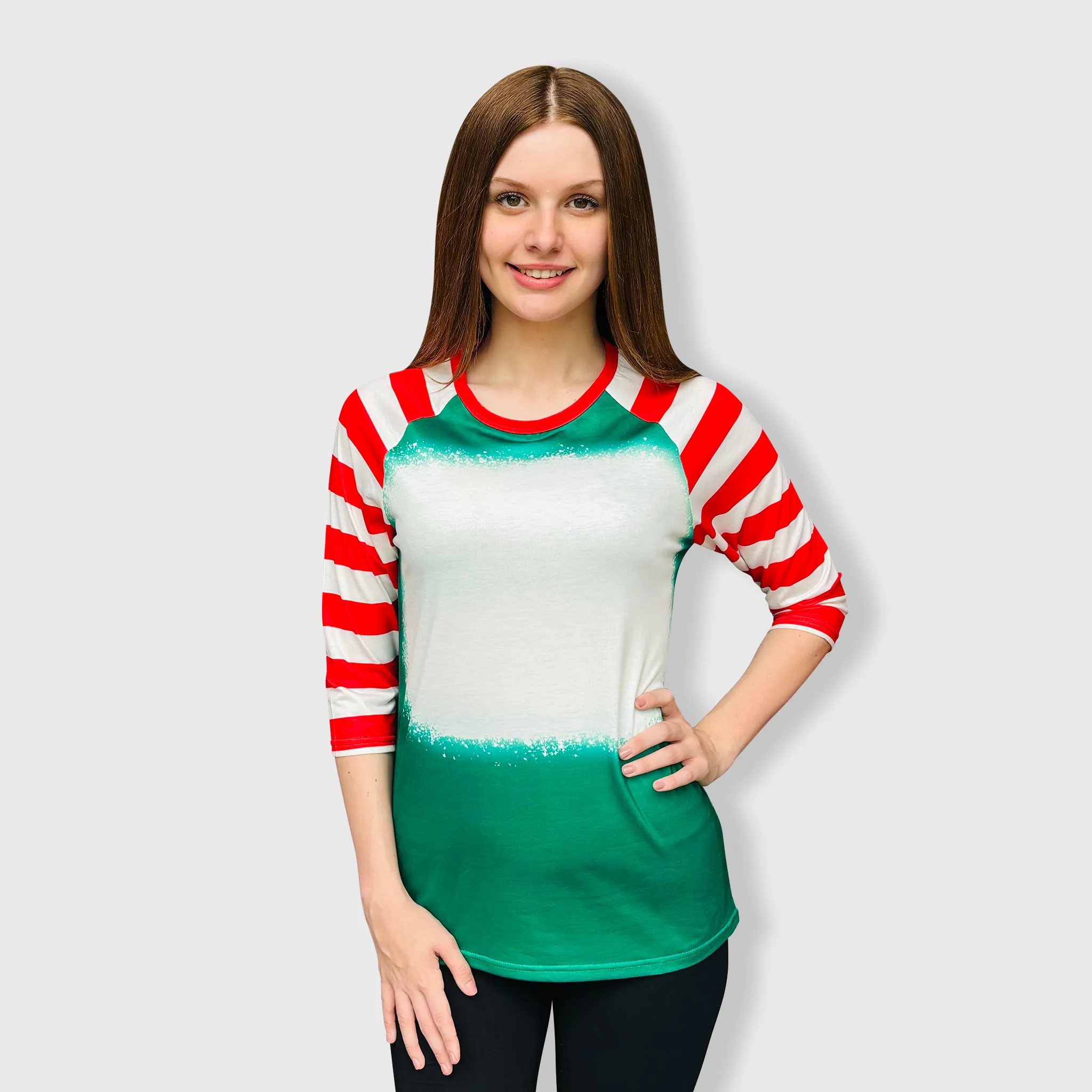 Green Red Candy Cane Raglan Blank Faux Bleached Top