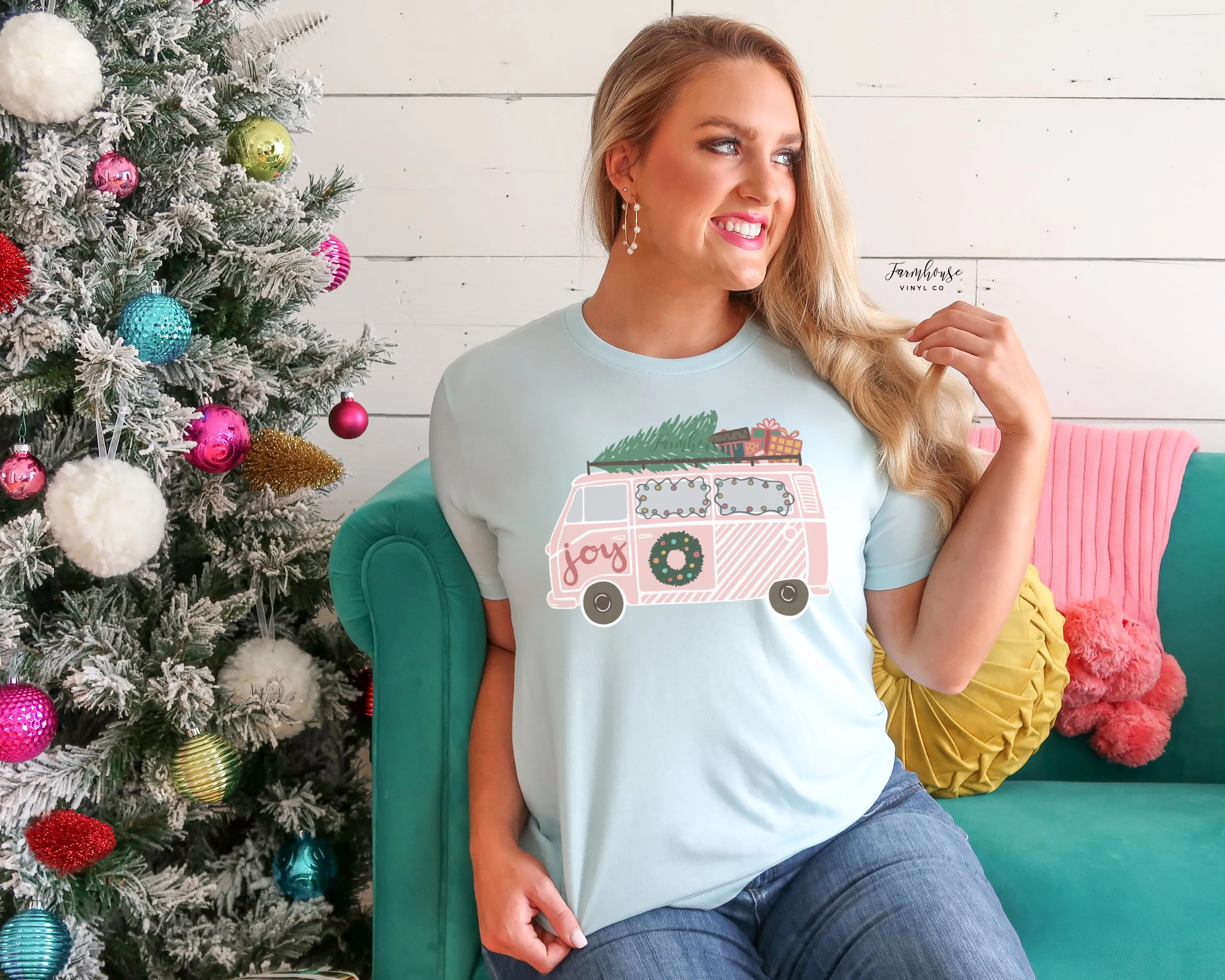 Joy Pink Christmas Tree Van Shirt