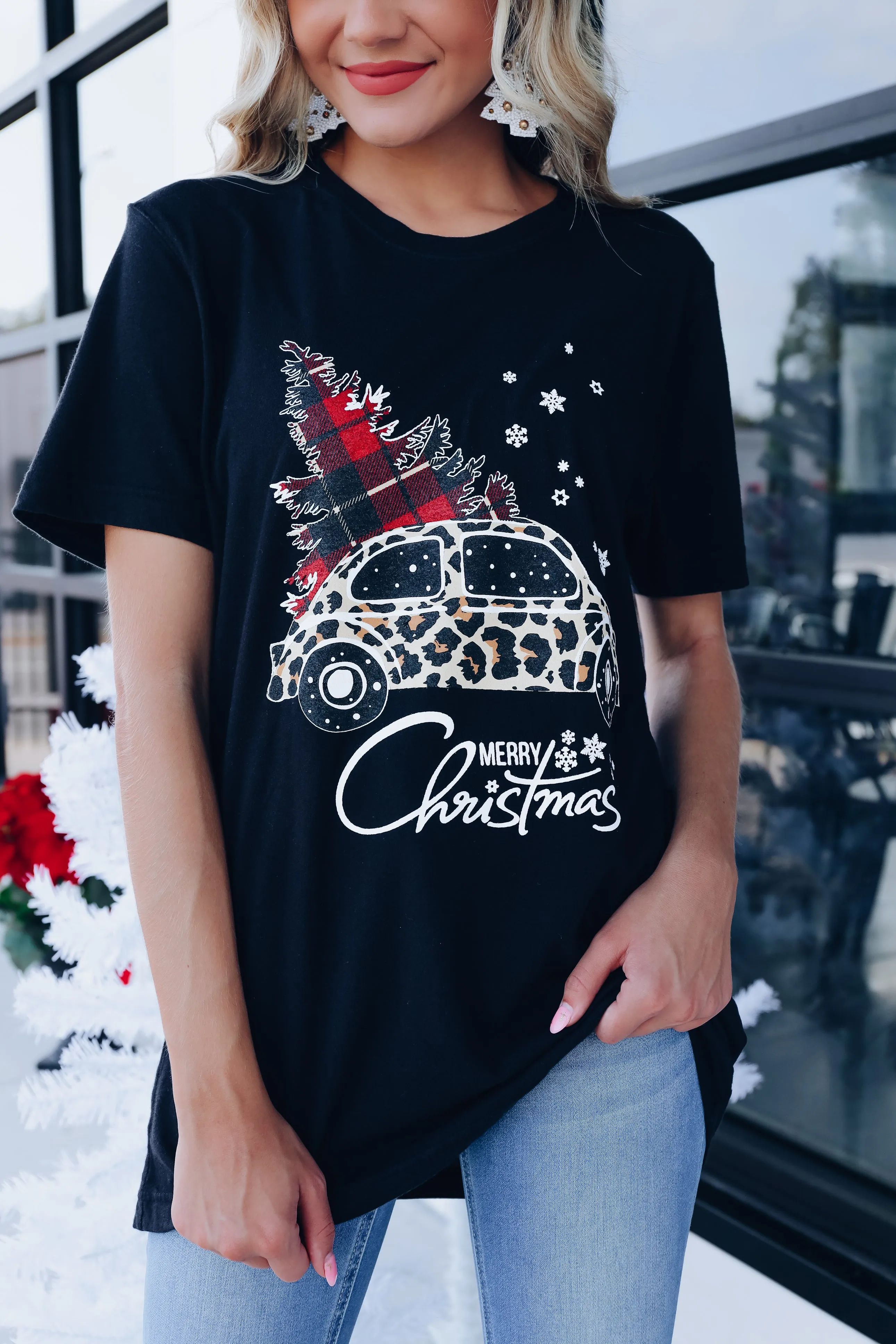 Leopard Luv Bug Christmas Graphic Tee - Black