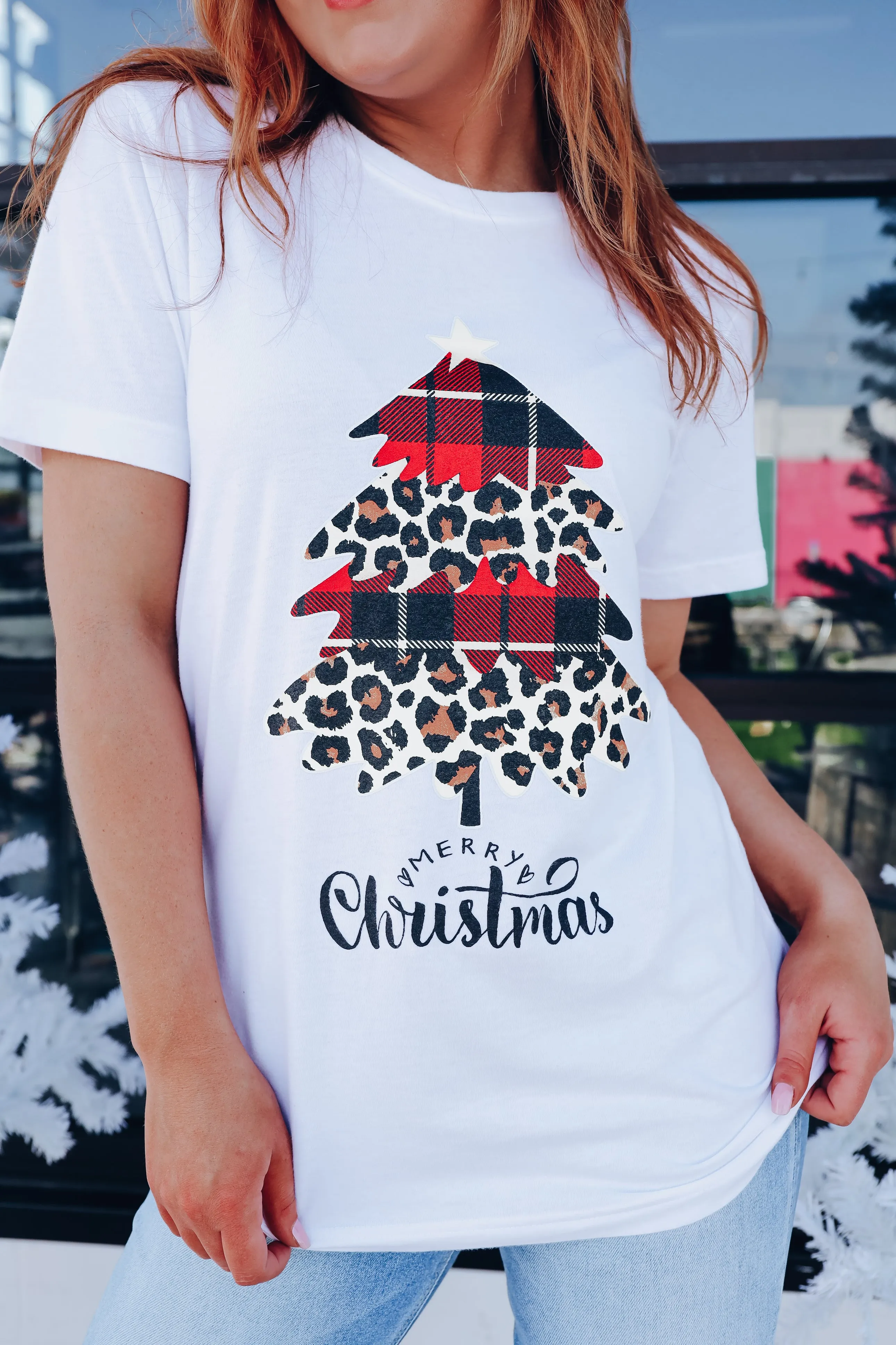 Leopard/Buffalo Plaid Tree Graphic Tee - White