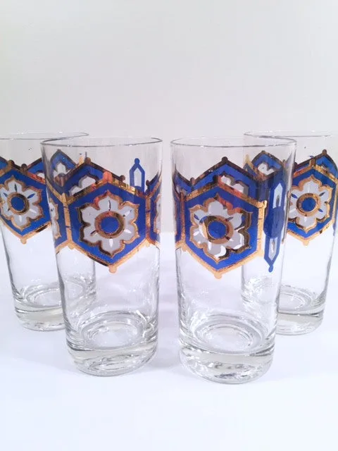 Libbey - Mid-Century Blue and 22-Karat Gold Star/Snowflake Glasses (Set of 4)