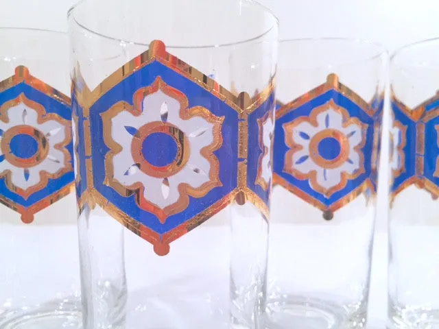 Libbey - Mid-Century Blue and 22-Karat Gold Star/Snowflake Glasses (Set of 4)